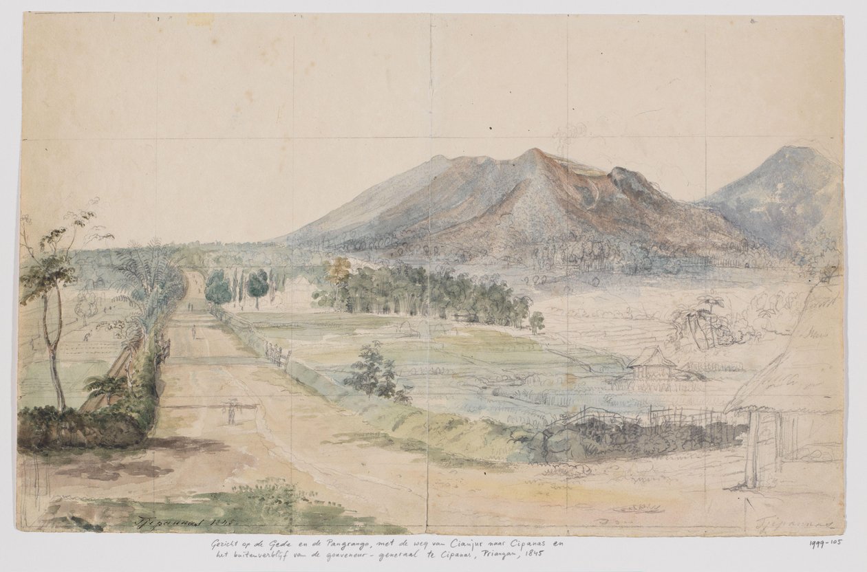 Vista de los volcanes Gedé y Pangrango, la carretera Cianjur-Cipanas y la casa de campo del gobernador general en Cipanas, Priangan, Java Occidental de Adrianus Johannes Bik