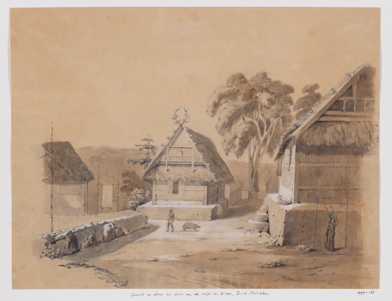 Vista del pueblo y la casa del rajá de Kisar, Molucas del Sur de Adrianus Johannes Bik