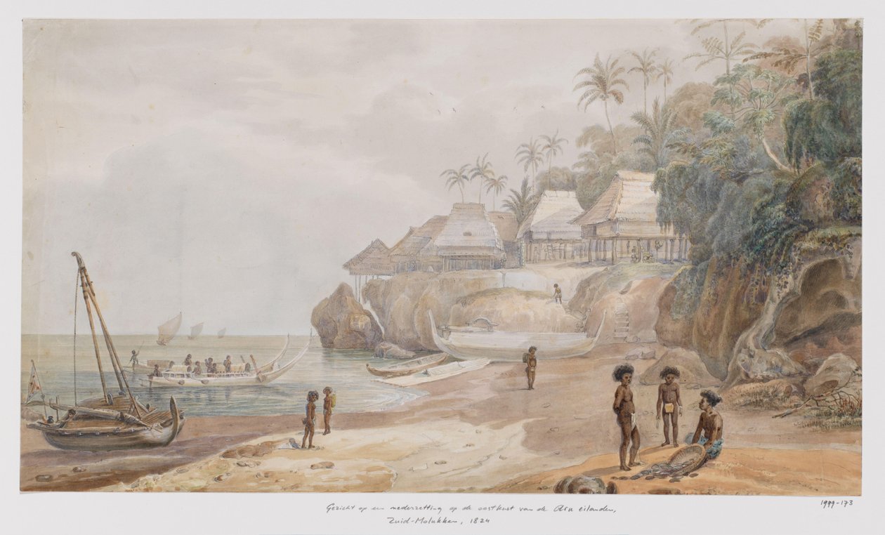 Vista de un asentamiento frente a la costa oriental de Workai, Islas Aru, sureste de las Molucas de Adrianus Johannes Bik