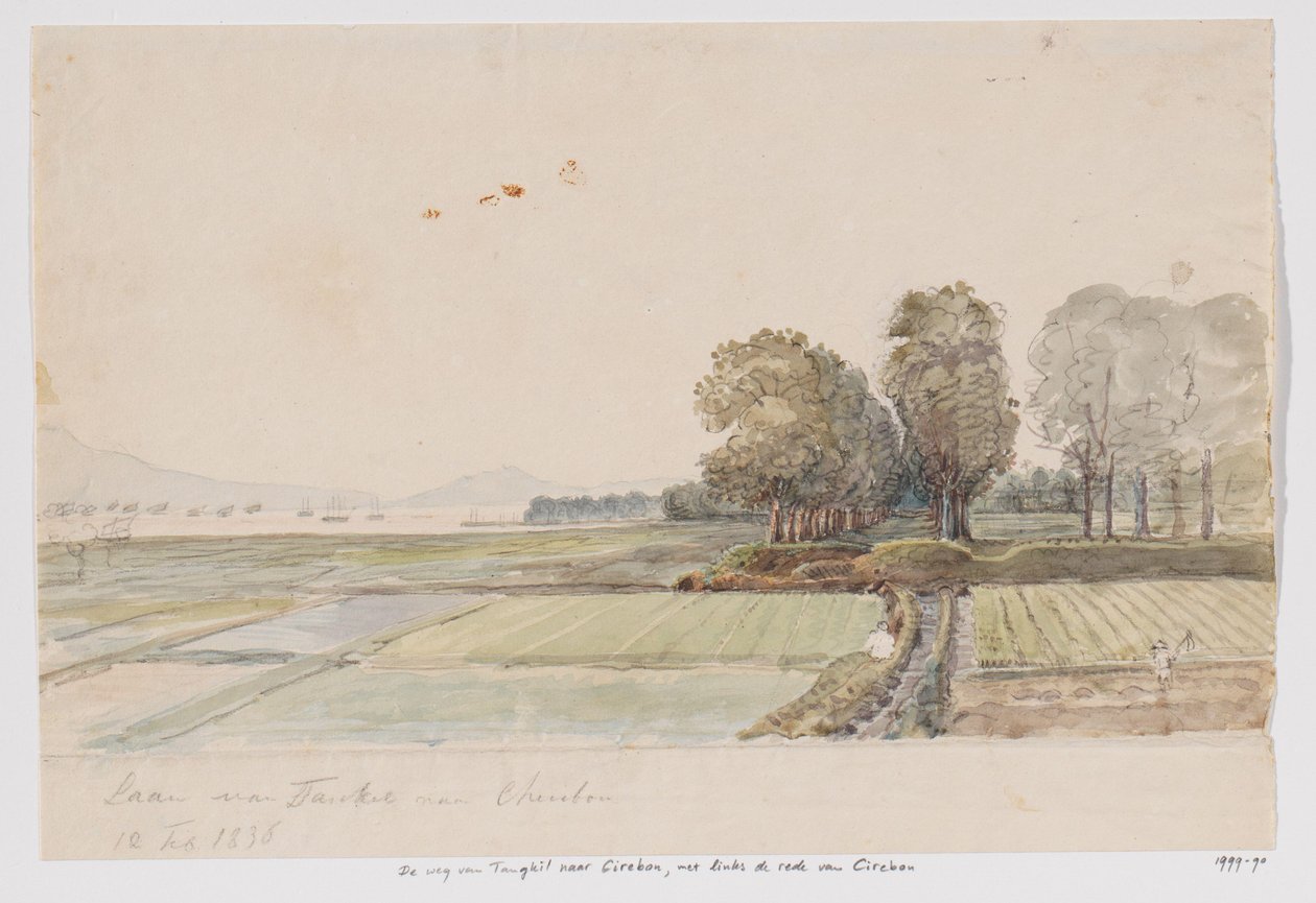 Paisaje con la carretera de Tangkil a Cirebon y vista de la rada (fondeadero) de Cirebon, Java Occidental de Adrianus Johannes Bik