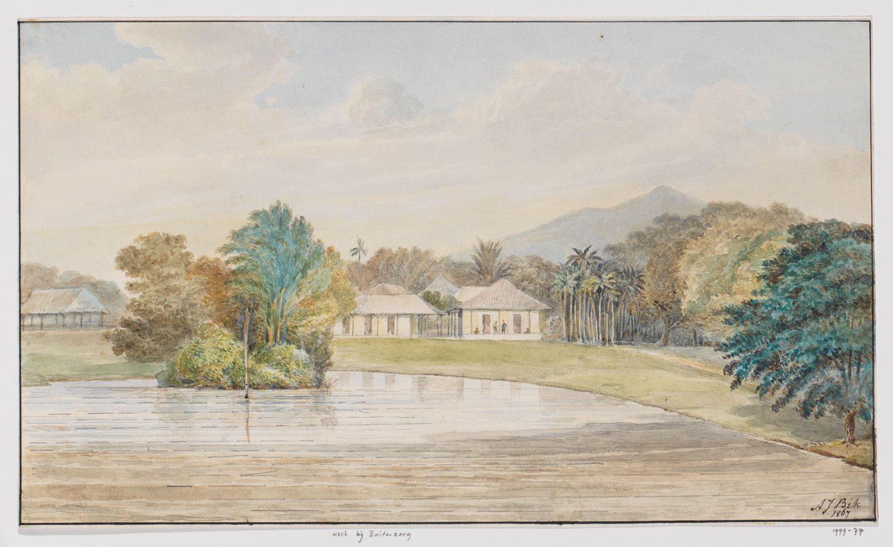 Paisaje con vivienda y estanque, Java Occidental de Adrianus Johannes Bik