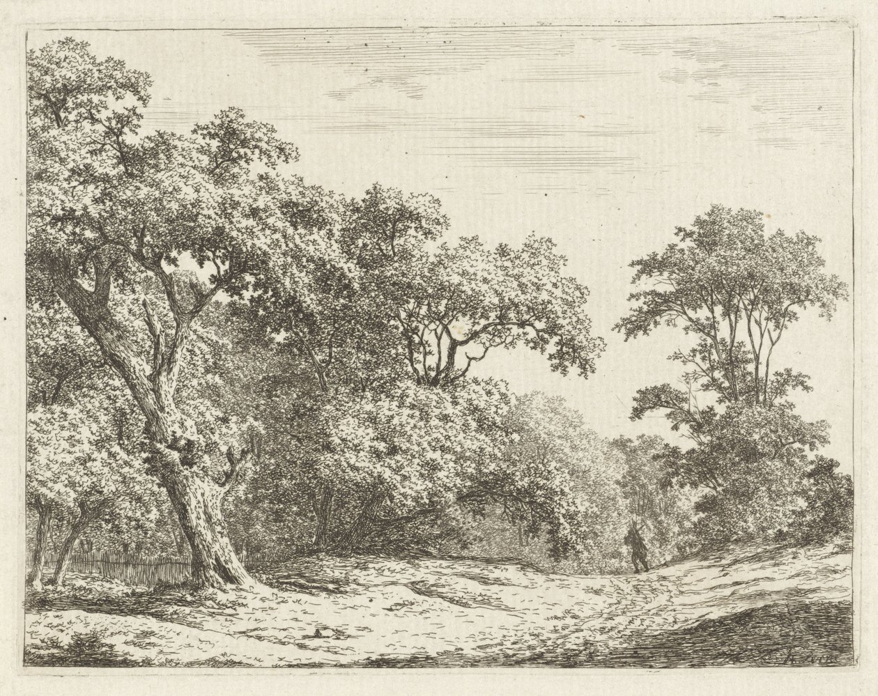 Paisaje con árboles y un hombre en la carretera. de Adrianus Serné