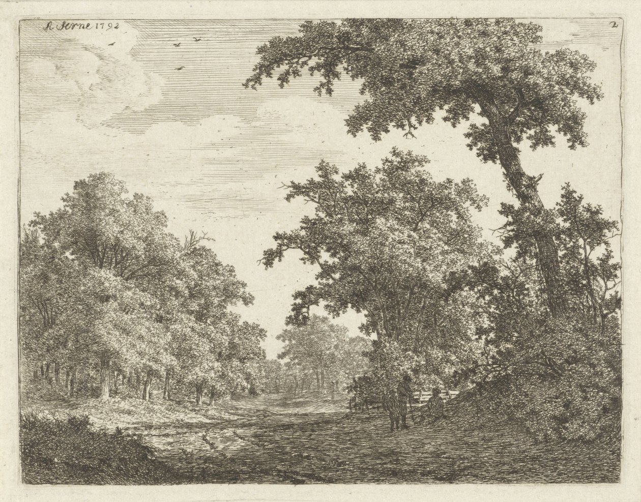 Viajeros descansando a lo largo de un camino en el bosque de Adrianus Serné
