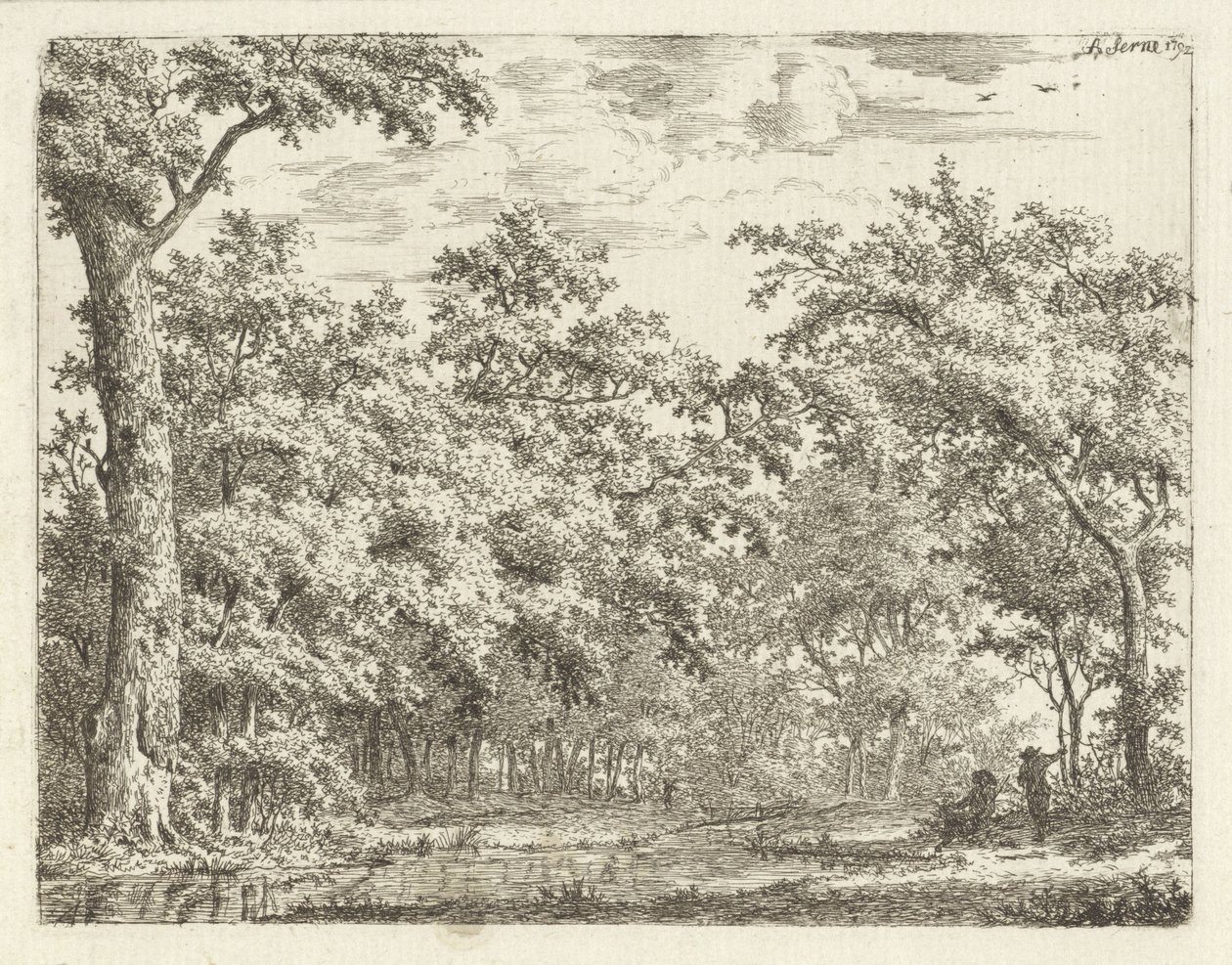 Dos figuras junto al agua en el bosque. de Adrianus Serné