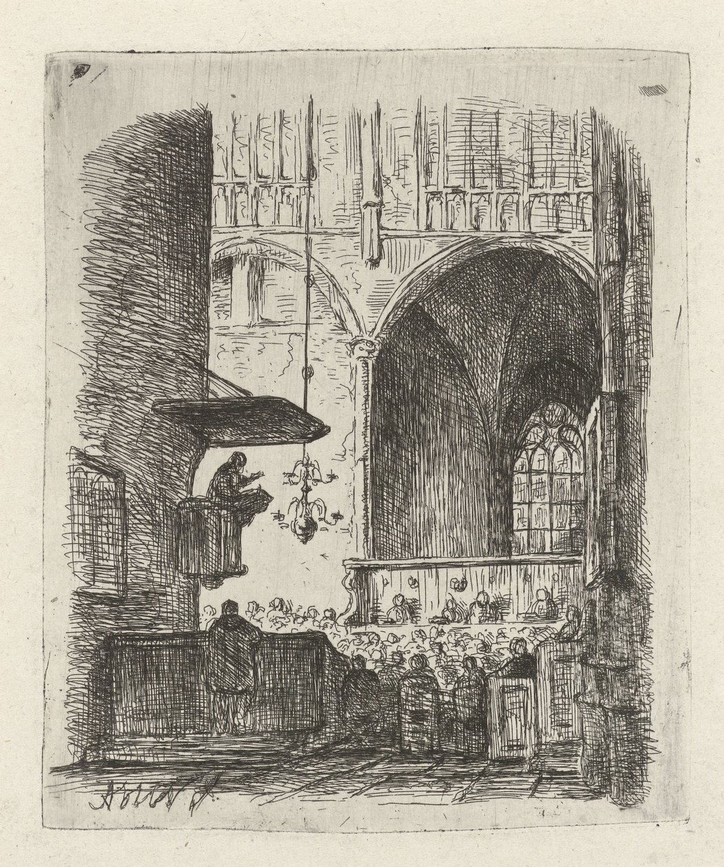 Interior de la iglesia con servicio religioso de Adrianus Wilhelmus Nieuwenhuyzen