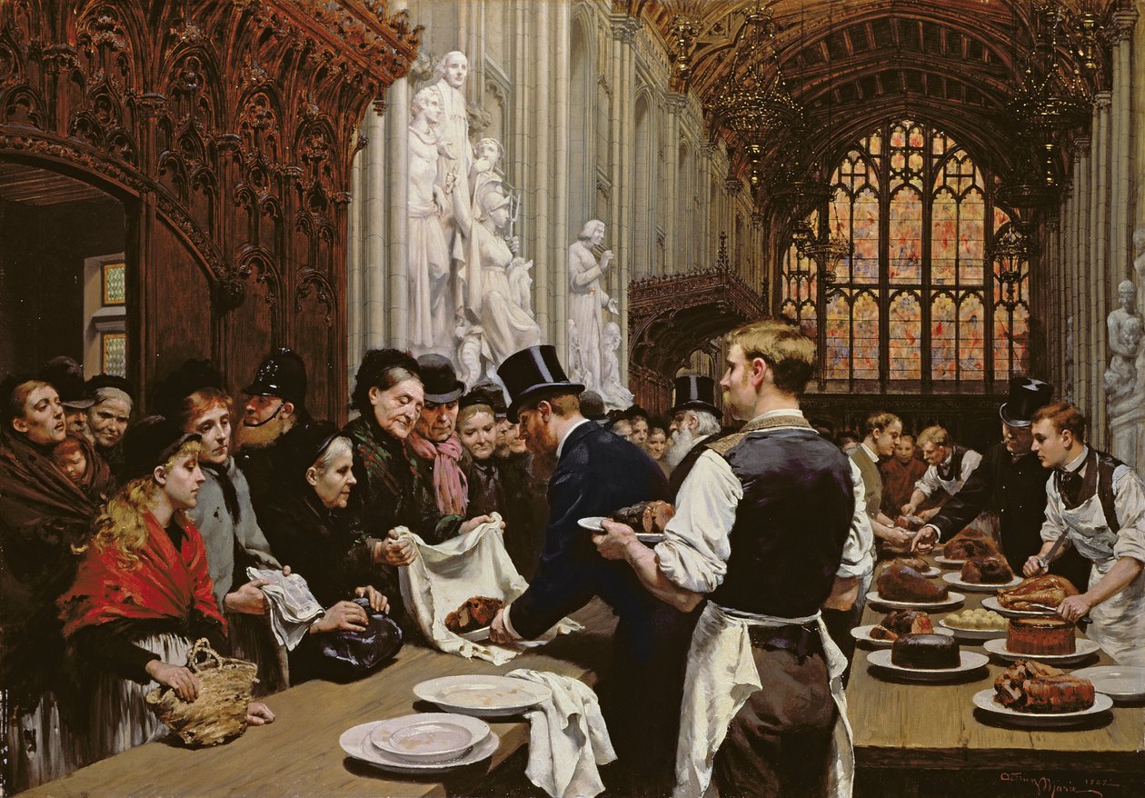 Distribuyendo sobras a los pobres después del banquete del alcalde en el Guildhall, 1882 de Adrien Emmanuel Marie