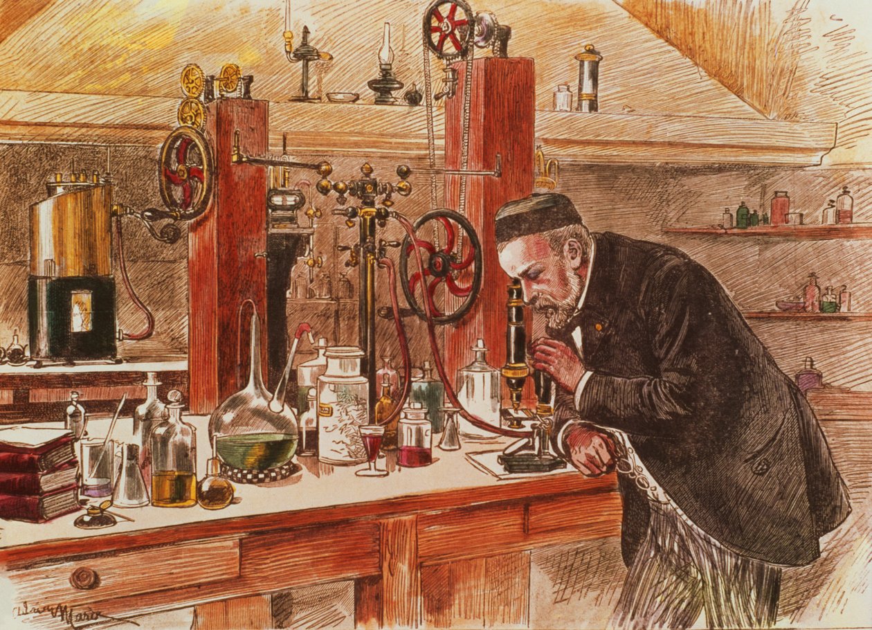 Louis Pasteur experimentando para la cura de la hidrofobia en su laboratorio, c.1885, pub. c.1895 de Adrien Emmanuel Marie