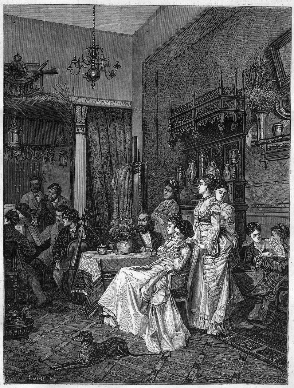 Concierto de aficionados en el estudio de un artista. Grabado después de la pintura de Adrien Moreau (1843-1906) en “El Universo Ilustrado” de Adrien (after) Moreau