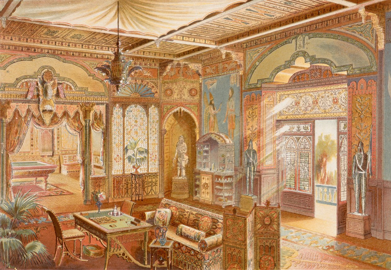 Sala de juegos de estilo asirio, ilustración de "La Decoration Interieure" publicada hacia 1893-94 (litografía en color) de Adrien (after) Simoneton