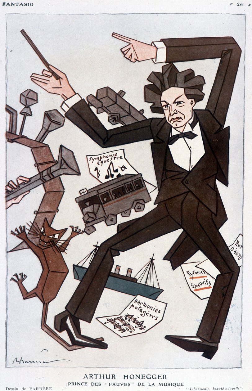 Caricatura de Arthur Honegger "Príncipe de los Fauves de la Música", compositor suizo (1892-1955) - por Barrère, en "Fantasio" del 01/01/1930 de Adrien Barrere