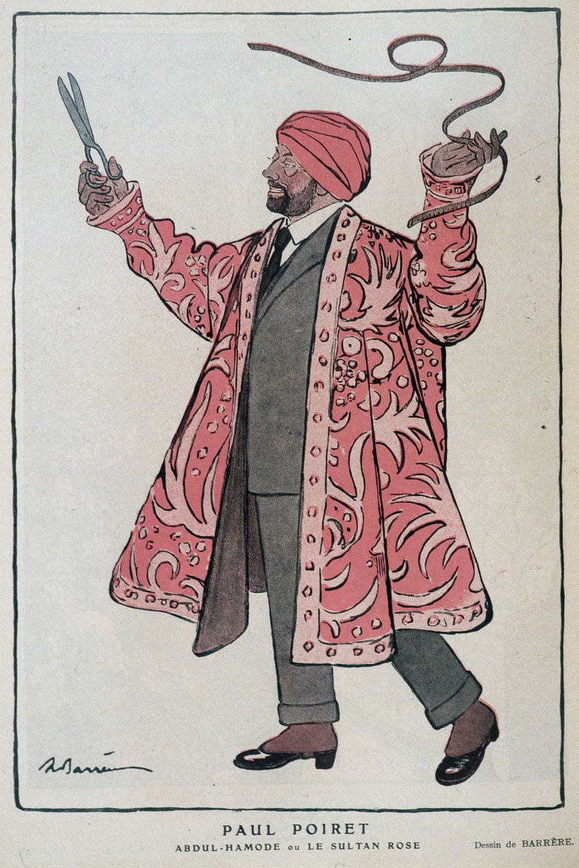 Caricatura de Paul Poiret, diseñador francés, en Abdul-Hamode o Le Sultan Rose - Ilustración de Adrien Barrere en Fantasio, el 01/12/1919 de Adrien Barrere