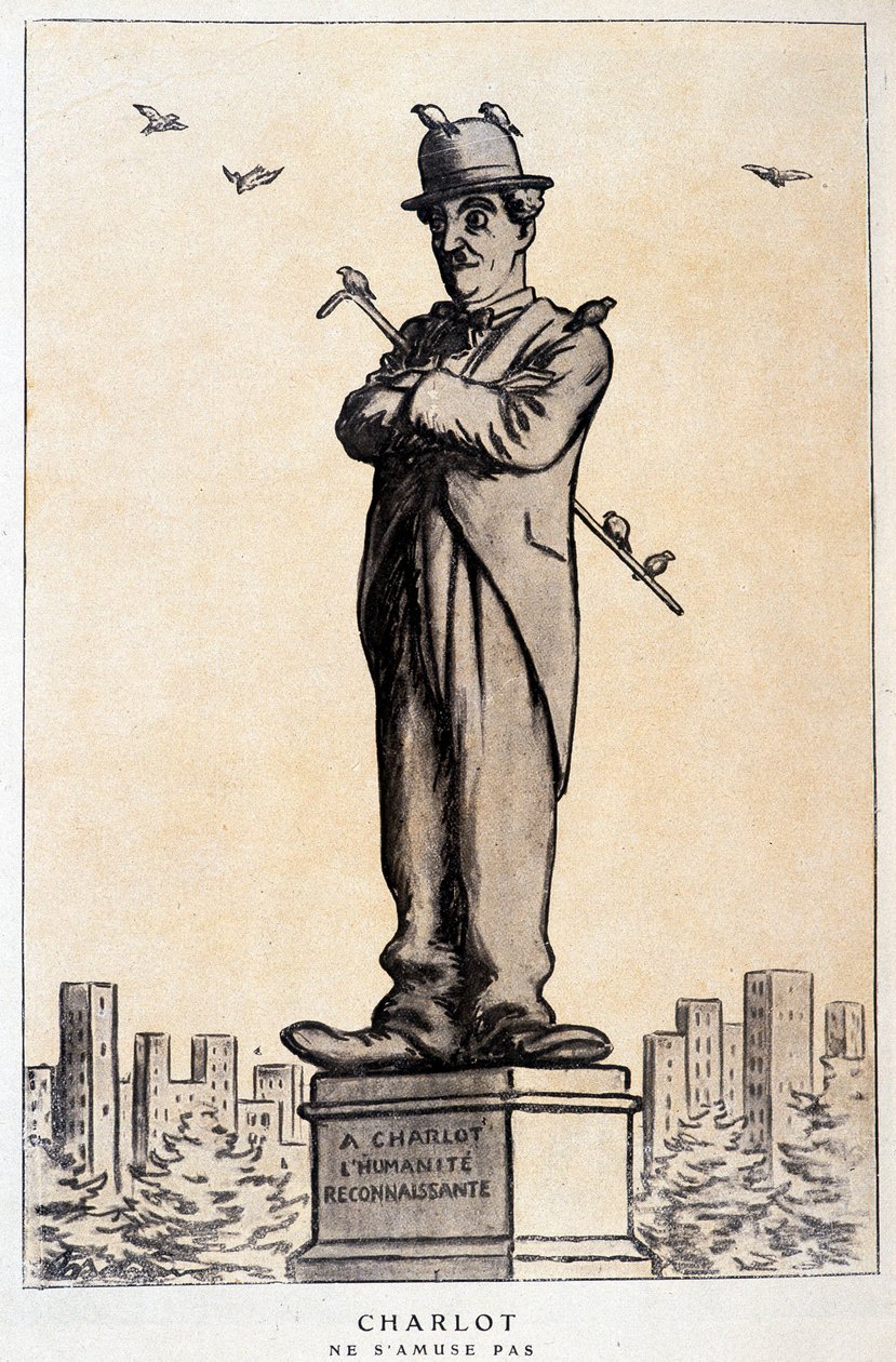 Charlot en estatua con inscripción en el pedestal: “A Charlot, la humanidad agradecida” (“Charlot no se divierte”) - dibujo de Barrère, en “Fantasio” del 01/07/1920 de Adrien Barrere