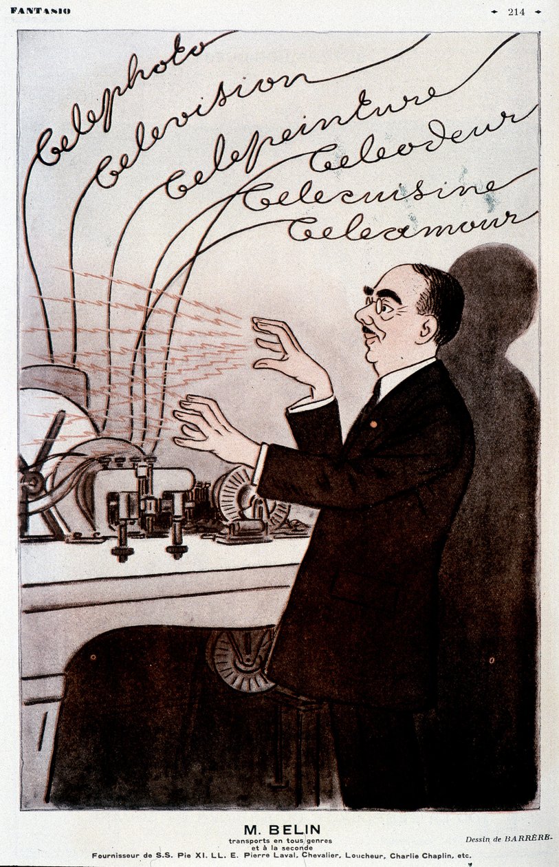 Imagen humorística sobre Belin y su belinógrafo - por Barrère, en “Fantasio” del 01/12/1931 de Adrien Barrere