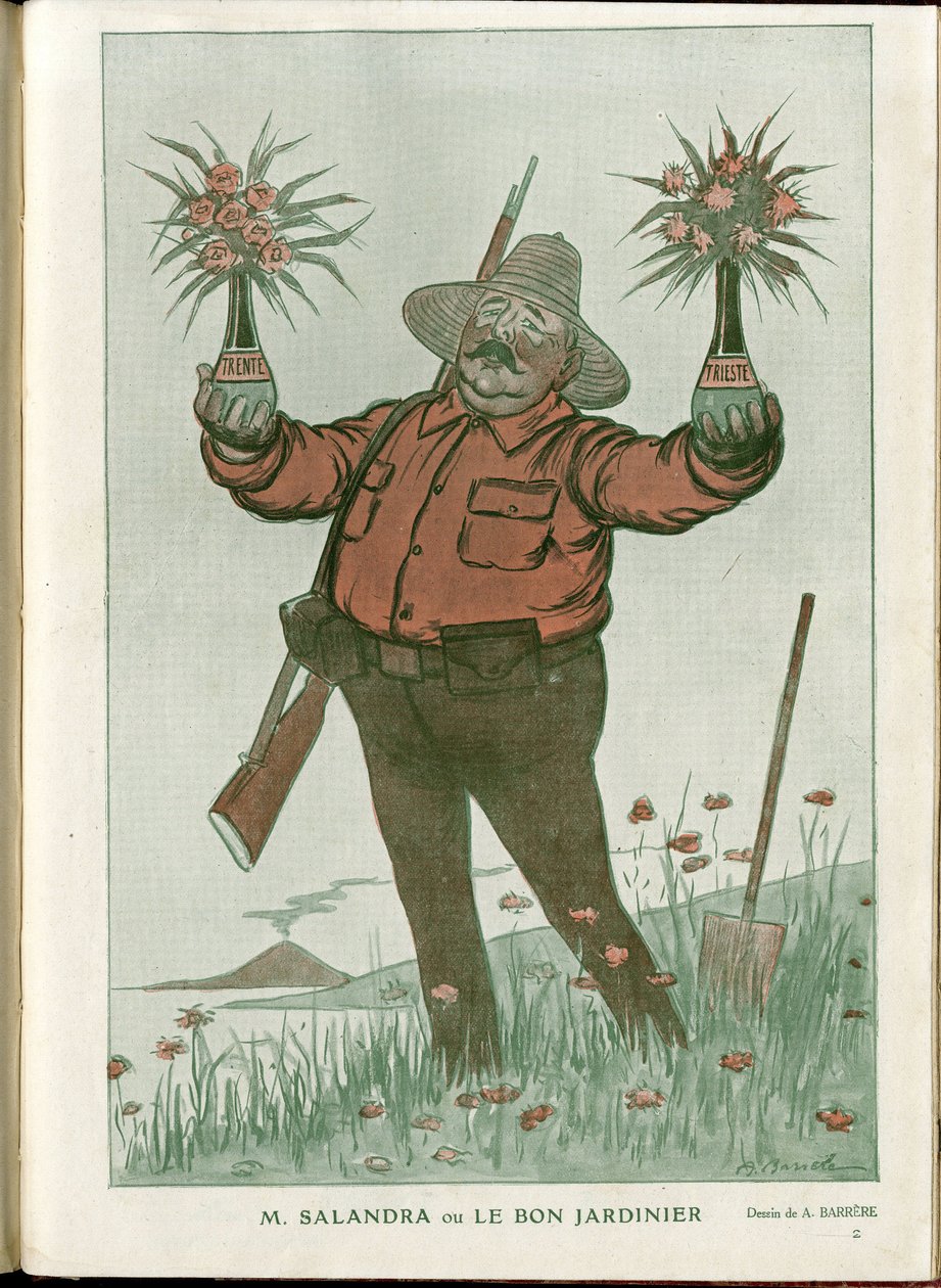 Ilustración de A Barrere (1874-1931) en "Fantasio", 01/06/15 - Sr. Salandra o el buen jardinero - Guerra del 14-18, Italia, Vino, Neutralidad, Flores, Erupciones volcánicas, Presidente del Consejo, Trieste - Salandra Antonio de Adrien Barrere