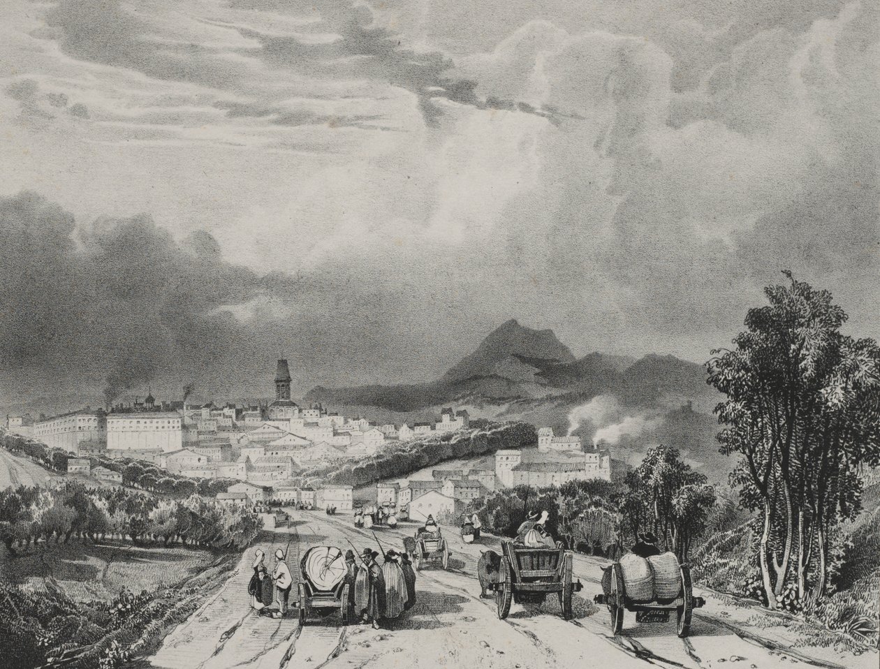 Vista general de Riom, Auvernia de Adrien Dauzats