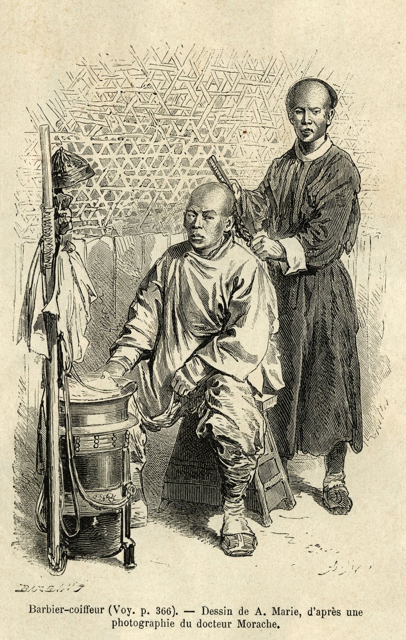 Un barbero en pleno trabajo. Grabado según el dibujo de A.Marie, para ilustrar el viaje a Pekín y el norte de China, por T.Choutze, en 1873, publicado en de Adrien Emmanuel Marie