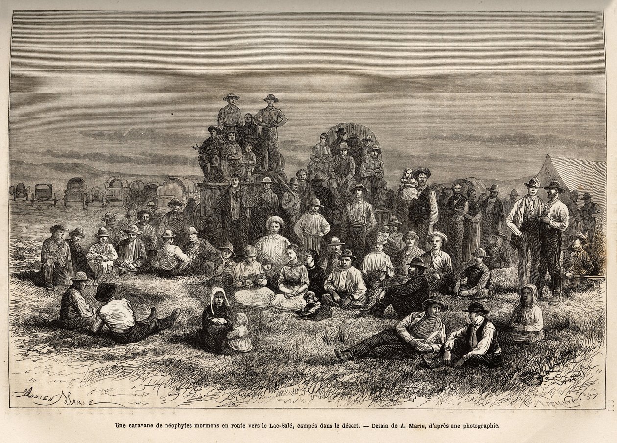 Una caravana de neófitos mormones en ruta al Lago Salado. Grabado después del dibujo de A. Marie, ilustrando el viaje de Washington a San Francisco en 1868, por L. Simonin, publicado en 