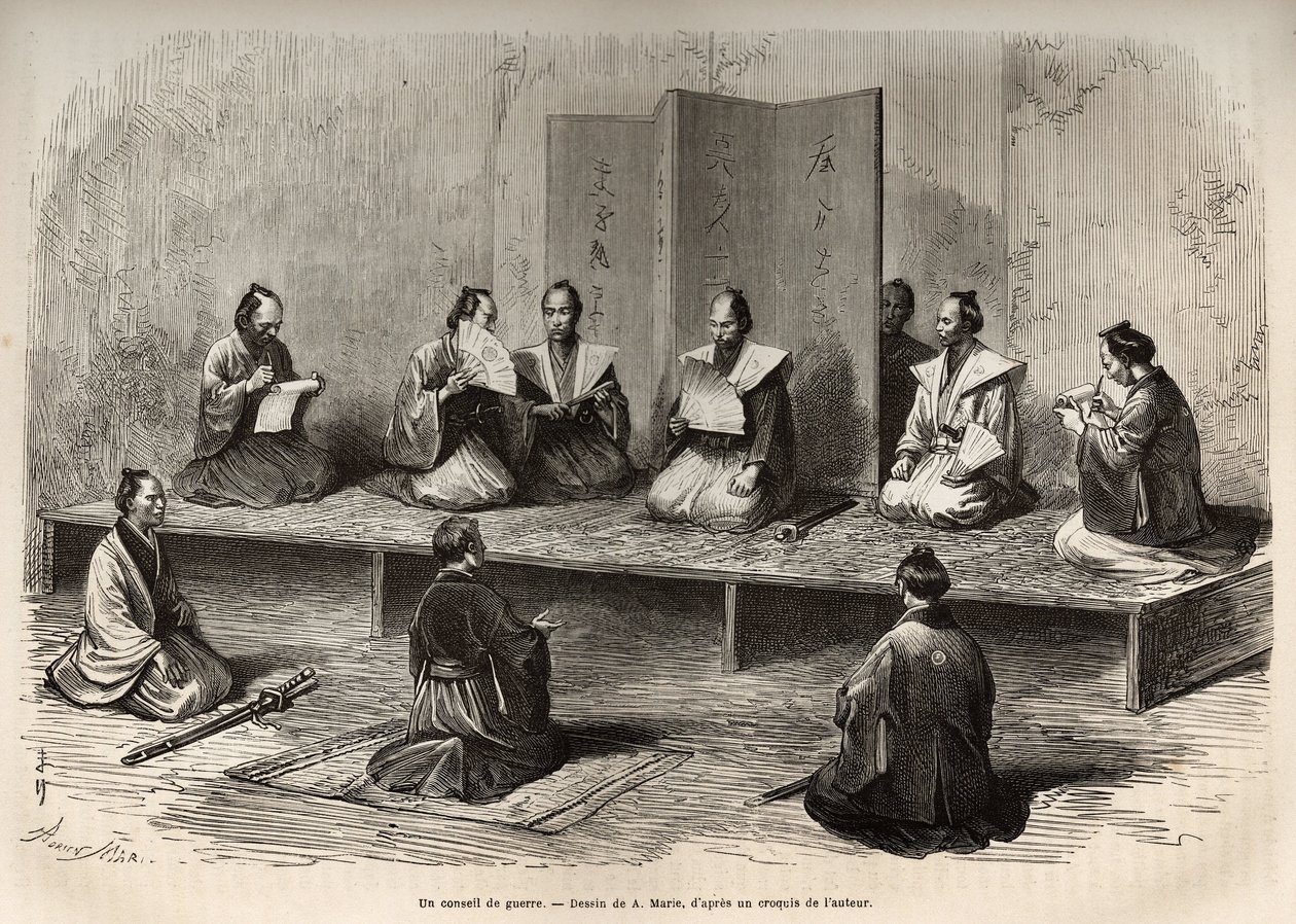 Consejo de guerra en Edo (actual Tokio), que reúne a los oficiales del taicoun (jefe del poder temporal) para enfrentar una insurrección de los daimios justo antes de la restauración Meiji (1868), grabado después de A.Marie de Adrien Emmanuel Marie