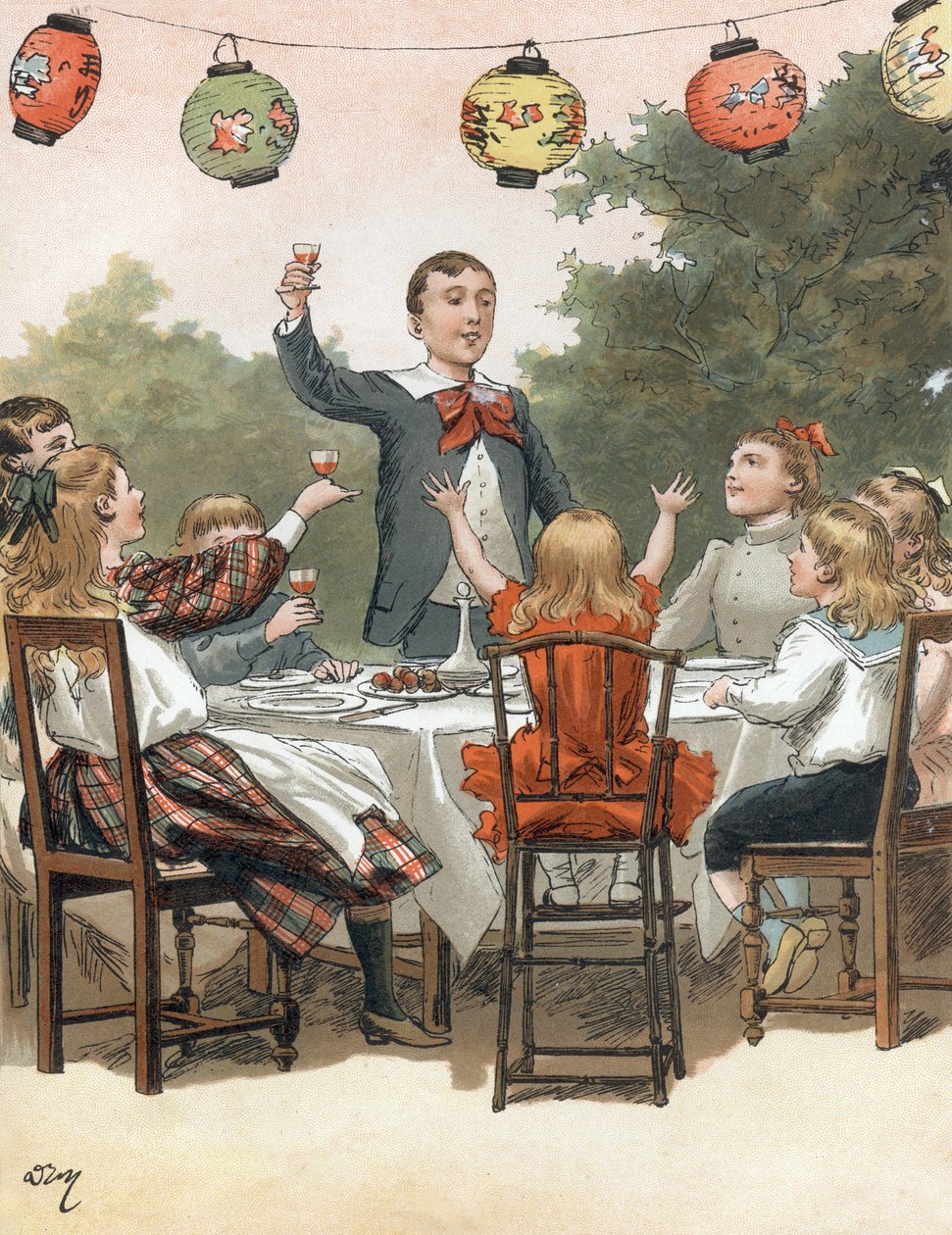 Un niño pronuncia un discurso , niños chocando vasos, ilustración de Adrien Marie en el libro Tout a la joie de Zari, Emile Guerin publicación 1890 de Adrien Emmanuel Marie
