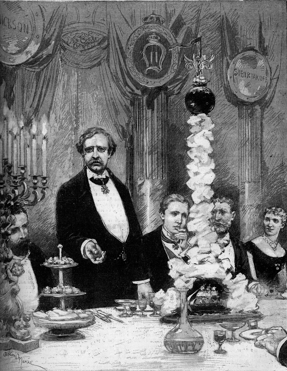 Banquete dado por la colonia escandinava de París en honor del explorador Nils Adolf Erik (Eric) Barón Nordenskjold (Nordenskiold) (1832-1901) en el Hotel Continental. Presentes: Conde Kapnitz, Profesor Nordenskjold, Príncipe Oscar de Suecia (1859-1953) de Adrien Emmanuel Marie