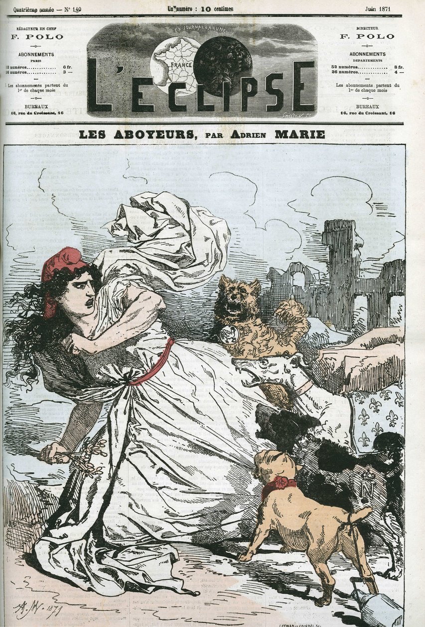 Ladrando, la República perseguida por perros realistas o bonapartistas. Portada en 