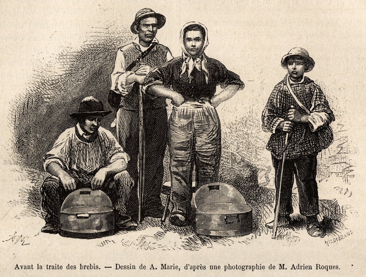 Antes del comercio de ovejas, todo el personal de la granja estaba empleado en esta tarea, niño, sirviente, bajo la supervisión del pastor, se recogía la leche en las seillas (vaso de metal estañado), grabado después de un dibujo de A.Marie, ilustrando un  de Adrien Emmanuel Marie