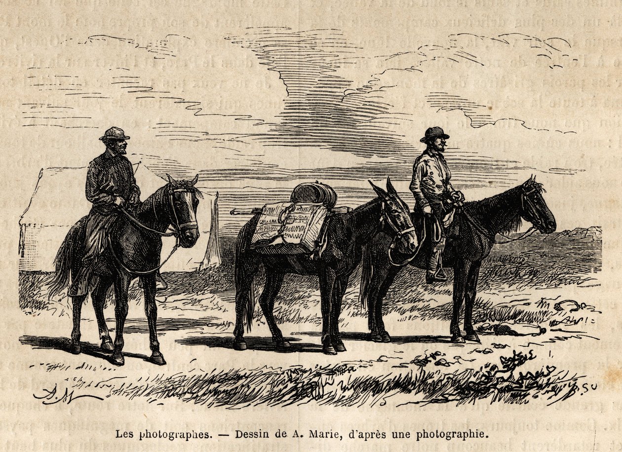 Fotógrafos de la misión geológica estadounidense, a caballo, con material cuidadosamente empaquetado listo para una nueva etapa, grabado según el dibujo de A. Marie, ilustrando un conjunto de misiones geográficas a través del Parque Nacional de los Estados de Adrien Emmanuel Marie