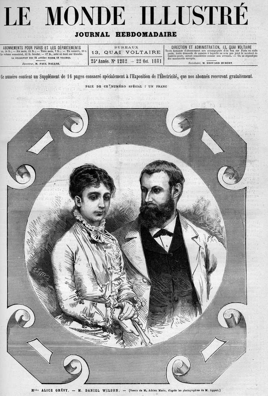 Retrato de Daniel Wilson (1840-1919), político francés con su esposa, Alice Grevy. Grabado por Adrien Marie. Uno de "El Mundo Ilustre" No. 1282 del 22 de octubre de Adrien Emmanuel Marie