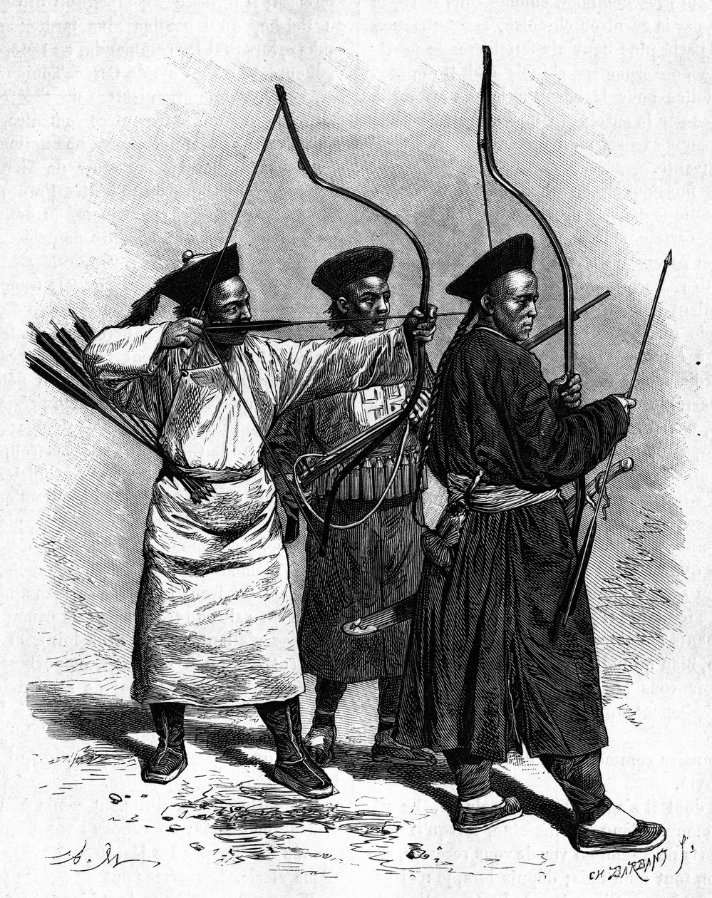 Retratos de tres arqueros chinos en traje tradicional, en la década de 1870. Grabado de un dibujo de Marie, de una fotografía de Thomson, en Le Tour du Monde, Nouveau journal des Voyages, editado por Edouard Charton, París de Adrien Emmanuel Marie