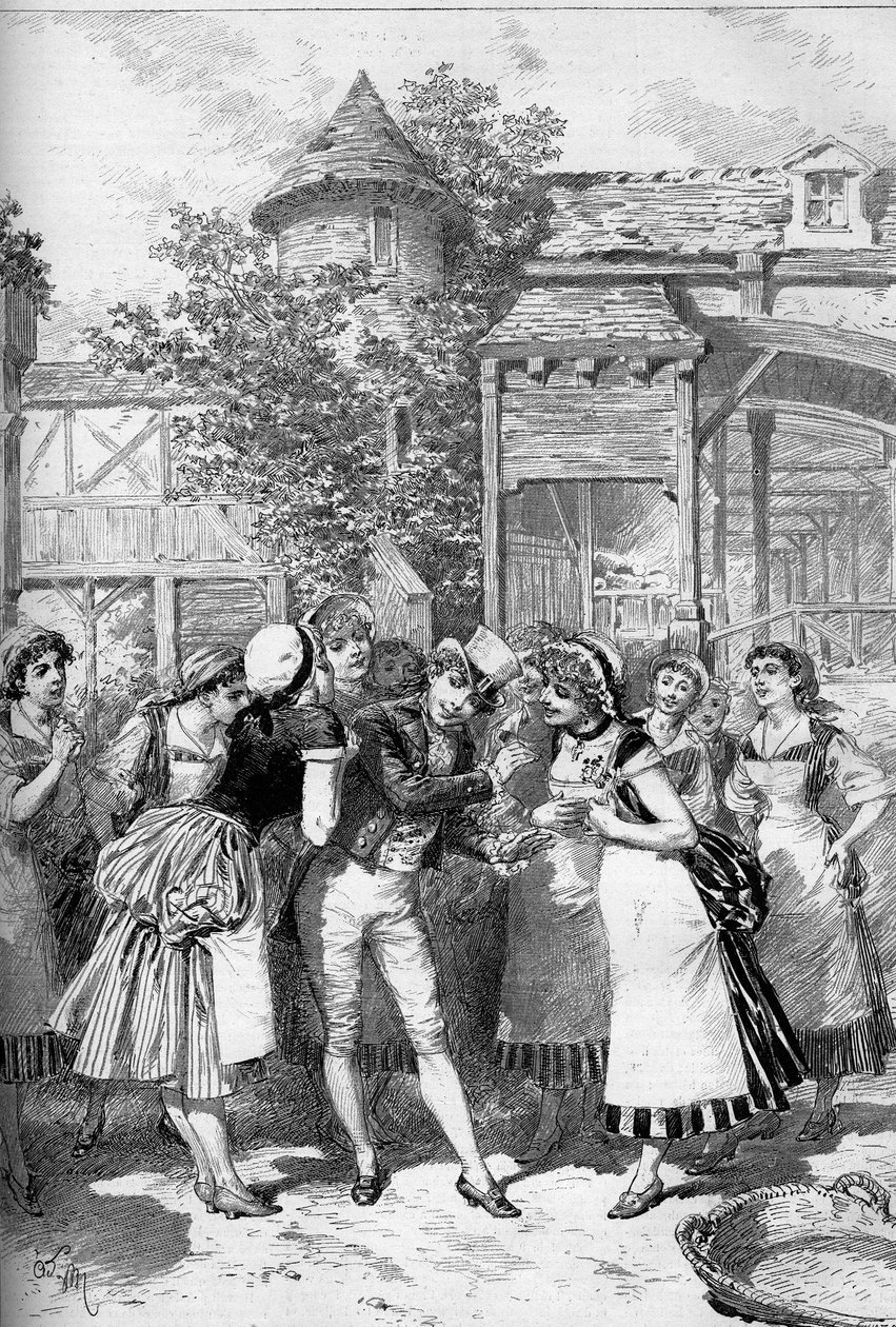 El hermoso Nicolás rodeado por las chicas del pueblo. Juliette Simon-Girard (Simon Girard) (1859-1959) en el papel de Nicolás para la ópera “Le beau Nicolas” (Acto II) después de un libreto de Eugene Leterrier (1843-1884), Albert Vanloo (1846-1920) y un de Adrien Emmanuel Marie