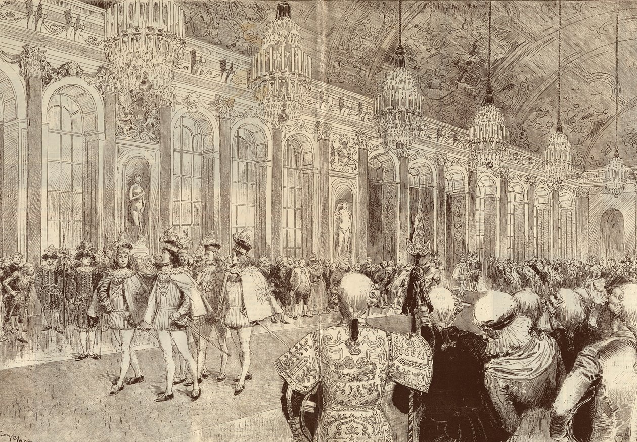 La procesión de los caballeros de la Orden del Espíritu Santo en la galería de hielo del castillo de Versalles el día de Pentecostés en 1789. Dibujo de Adrien Marie de 1889. de Adrien Emmanuel Marie