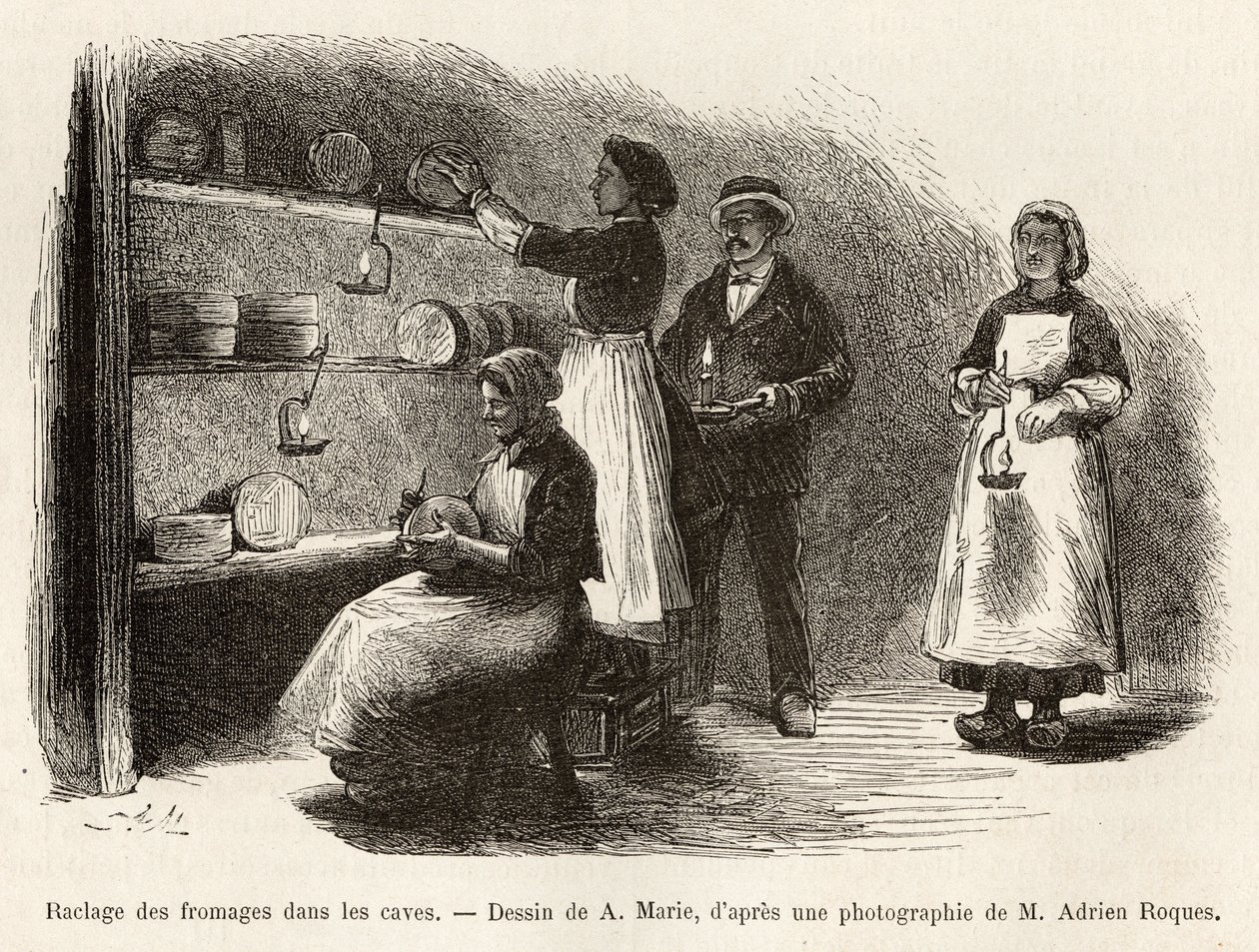 El raspado y cosido de quesos, después de la bodega cada ocho días, estas operaciones facilitan la fermentación y formación del veteado azul en el Roquefort, grabado según un dibujo de A.Marie, ilustrando un viaje a Roquefort y sus alrededores de Adrien Emmanuel Marie
