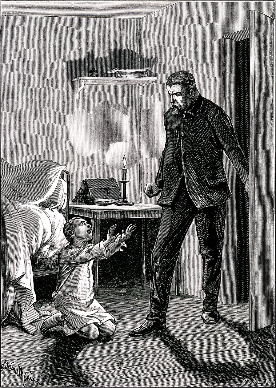 El niño espía: Un niño se arroja a los pies de su padre enojado para pedir perdón (aguafuerte) de Adrien Emmanuel Marie