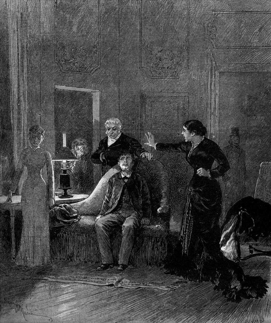 Representación teatral: 5to acto de “Jack” de Alphonse Daudet (1840-1897) y H. Lafontaine con la Srta. Sisos (Cecile), M. Porel (Dr. Rivals), M. Chelles (Jack), Srta. Montaland (Ida de Barancy). París, teatro de l