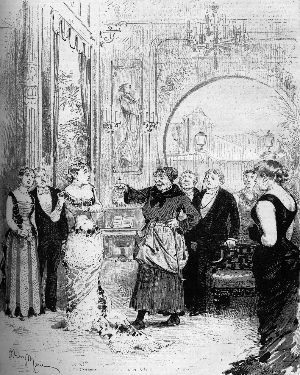 Representación teatral: “Nana” de William Busnach (1832-1907) después de Emile Zola (1840-1902) con Louise Massin (1847-1901) (Nana) y Melle Honorine (Pomare). París, Teatro de l