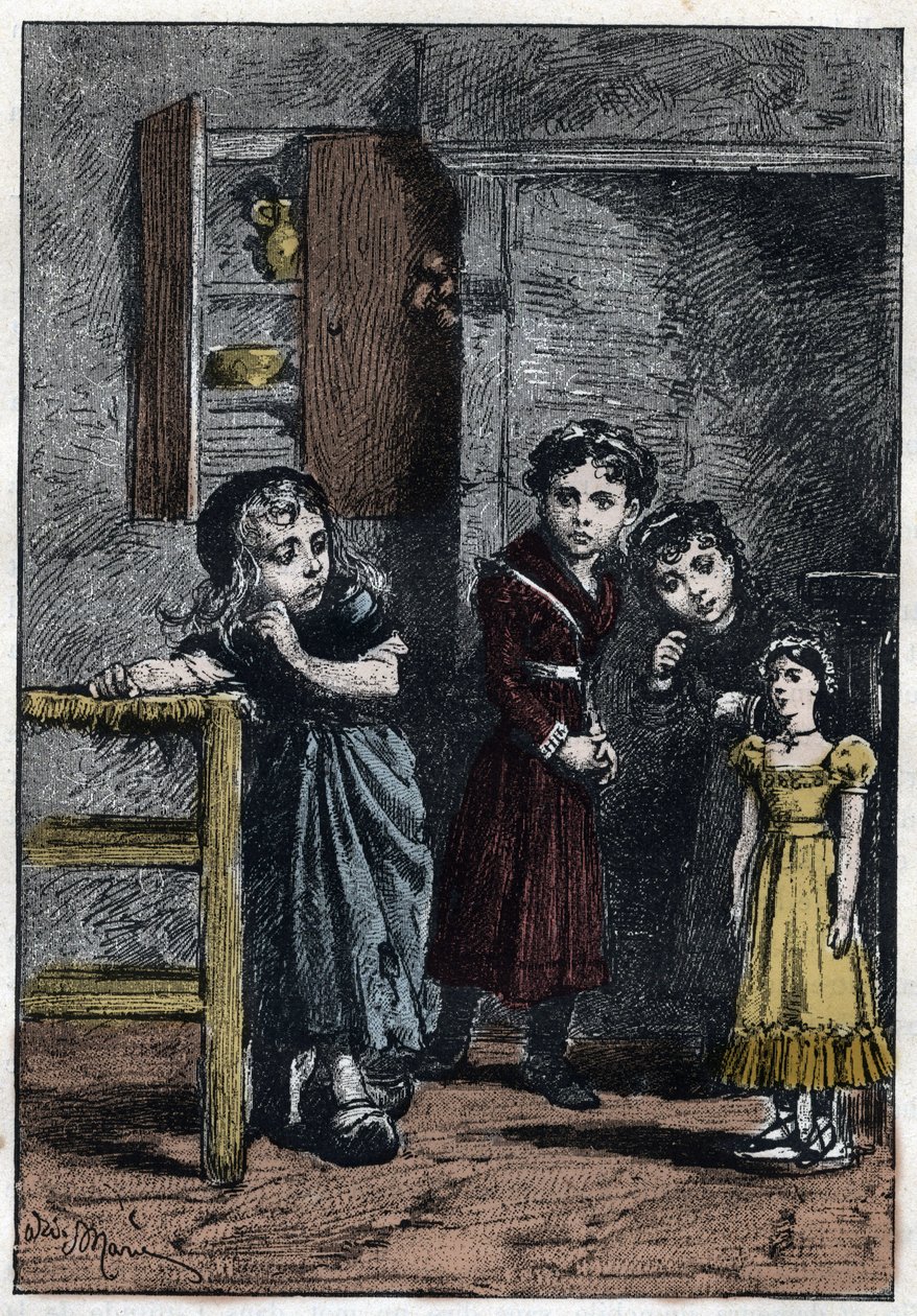 Las dos hijas de Thenardier, Eponine y Azelma, miran a Cosette que recibió la muñeca Catherine - Ilustración de Adrien Marie (1848-1891) para “Los miserables - Segunda parte: Cosette” de Victor Hugo (1802-1885) 1862 de Adrien Emmanuel Marie