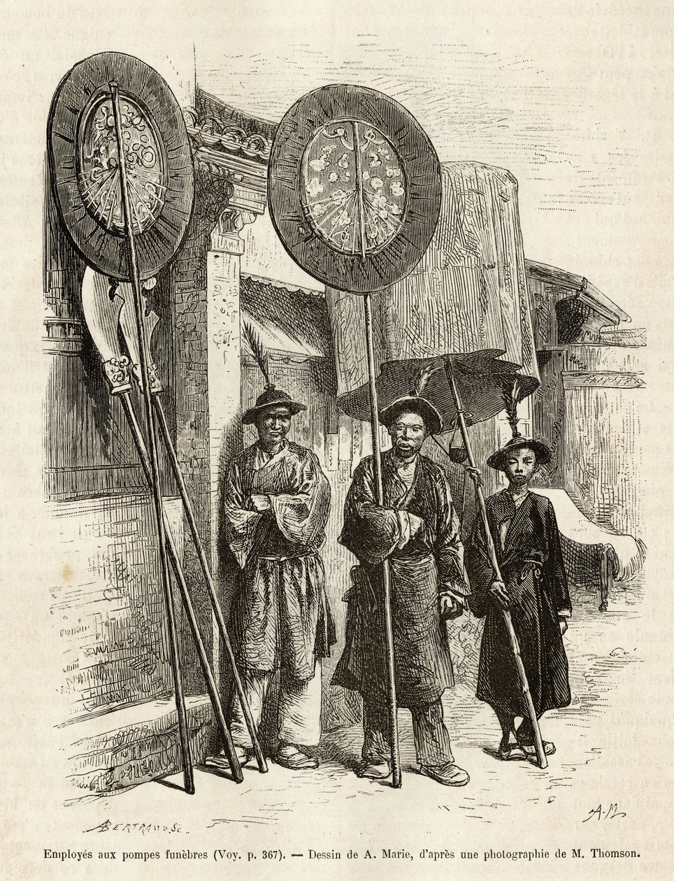 Tres trabajadores funerarios en Pekín. Grabado según un dibujo de A.Marie, para ilustrar el viaje a Pekín y el norte de China, por T.Choutze, en 1873, publicado en 