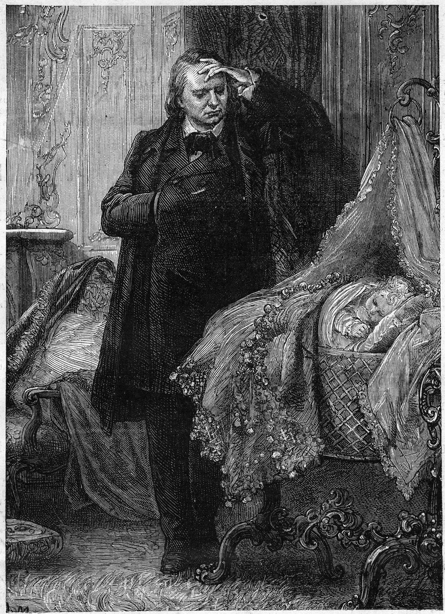 Victor Hugo observando a un niño durmiendo en su cuna. Ilustración de 