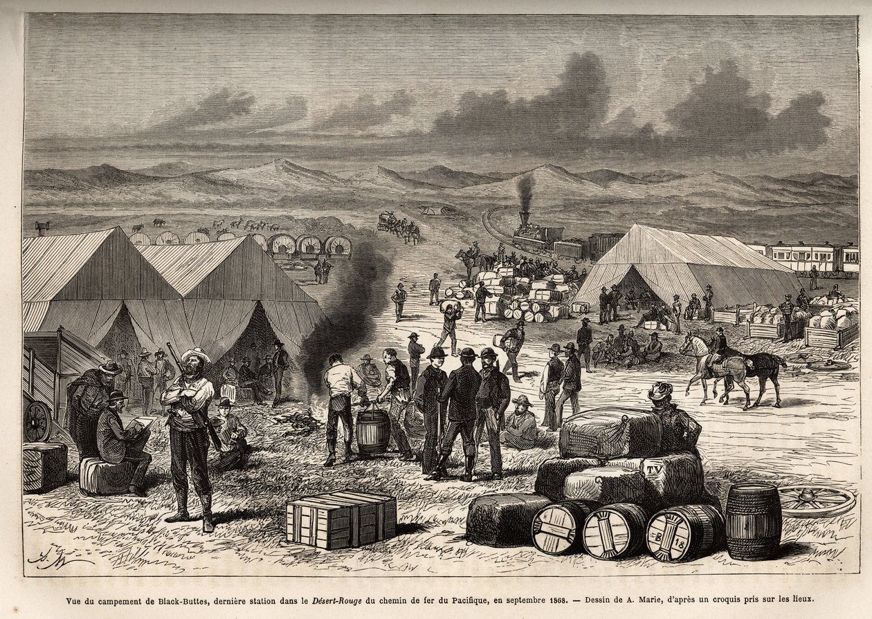 Vista del campamento de Black Buttes, última estación en el desierto rojo (desierto de Mojave) del Ferrocarril del Pacífico, en septiembre de 1868, grabado después del dibujo de A. Marie, ilustrando el viaje de Washington a San Francisco, en 1868, por L. S de Adrien Emmanuel Marie