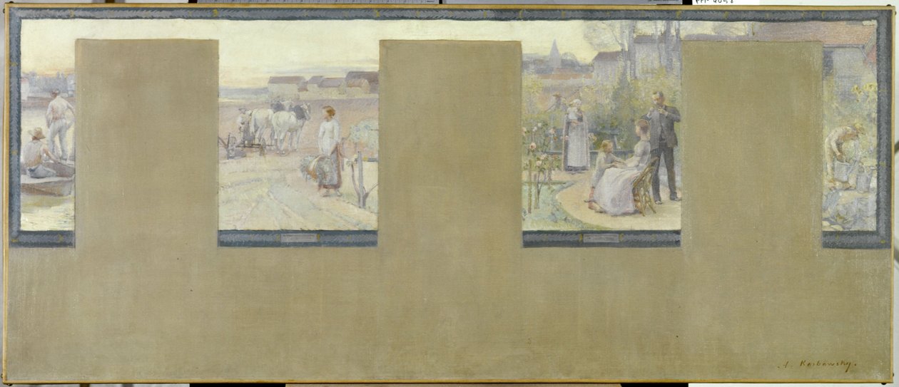 Boceto para el ayuntamiento de Nogent-sur-Marne: Le canotage - le labourage - la villégiature - le jardinage, en 1889 (óleo sobre lienzo (armadura)) de Adrien Karbowsky