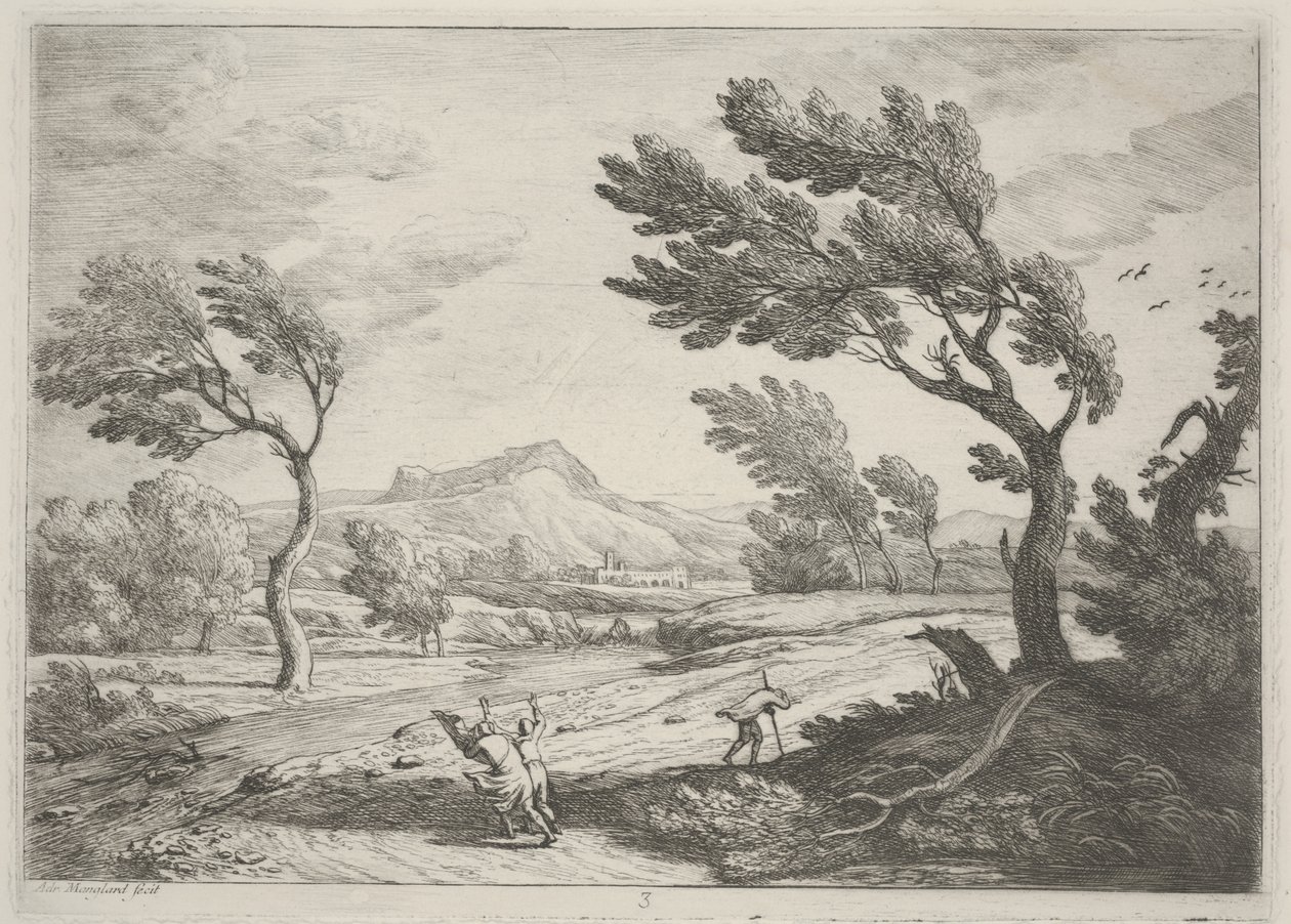 Paisaje con viajeros en un viento fuerte de Adrien Manglard
