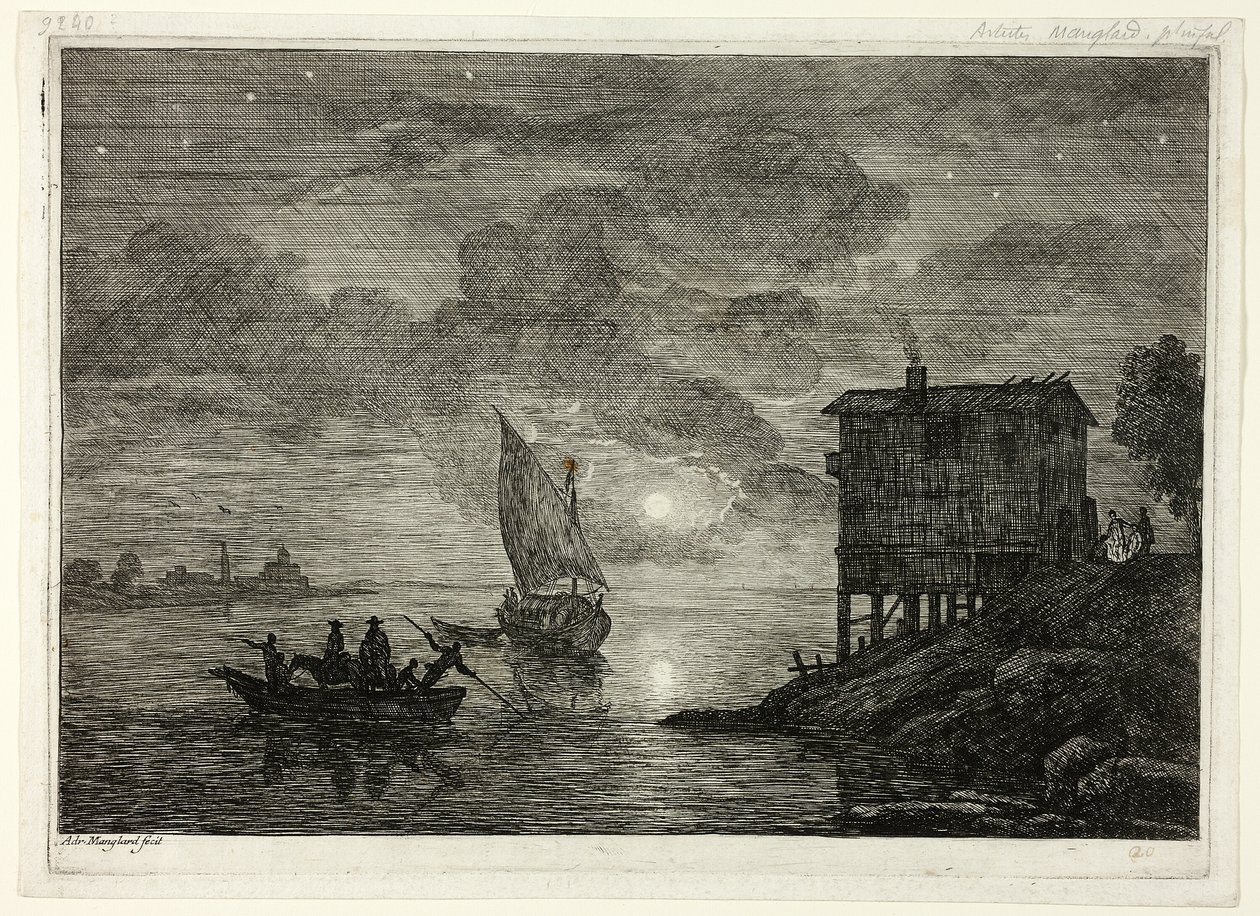 Escena de Puerto a la Luz de la Luna con Ferry de Adrien Manglard