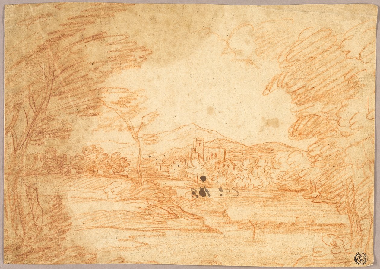 Paisaje fluvial con edificios de Adrien Manglard