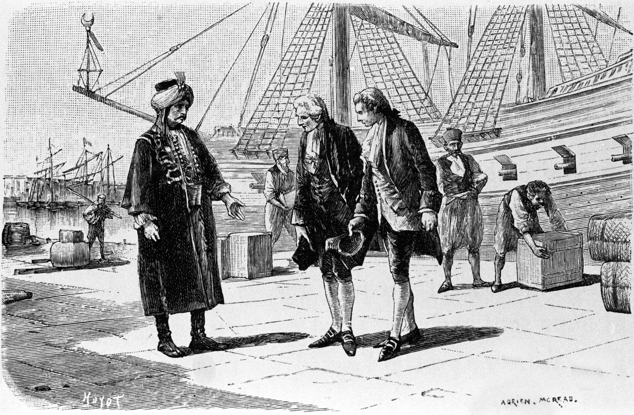 Grabado de Adrien Moreau (1843-1906) ilustrando "Candide" de Francois Marie Arouet dit Voltaire (1694-1778). de Adrien Moreau