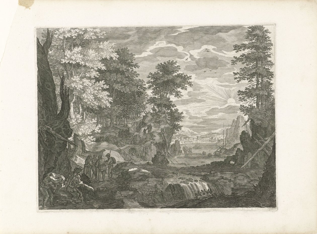 Cascada con una ciudad al fondo Cuatro paisajes en Bohemia (título de la serie) de Aegidius Sadeler (II) (attributed to)