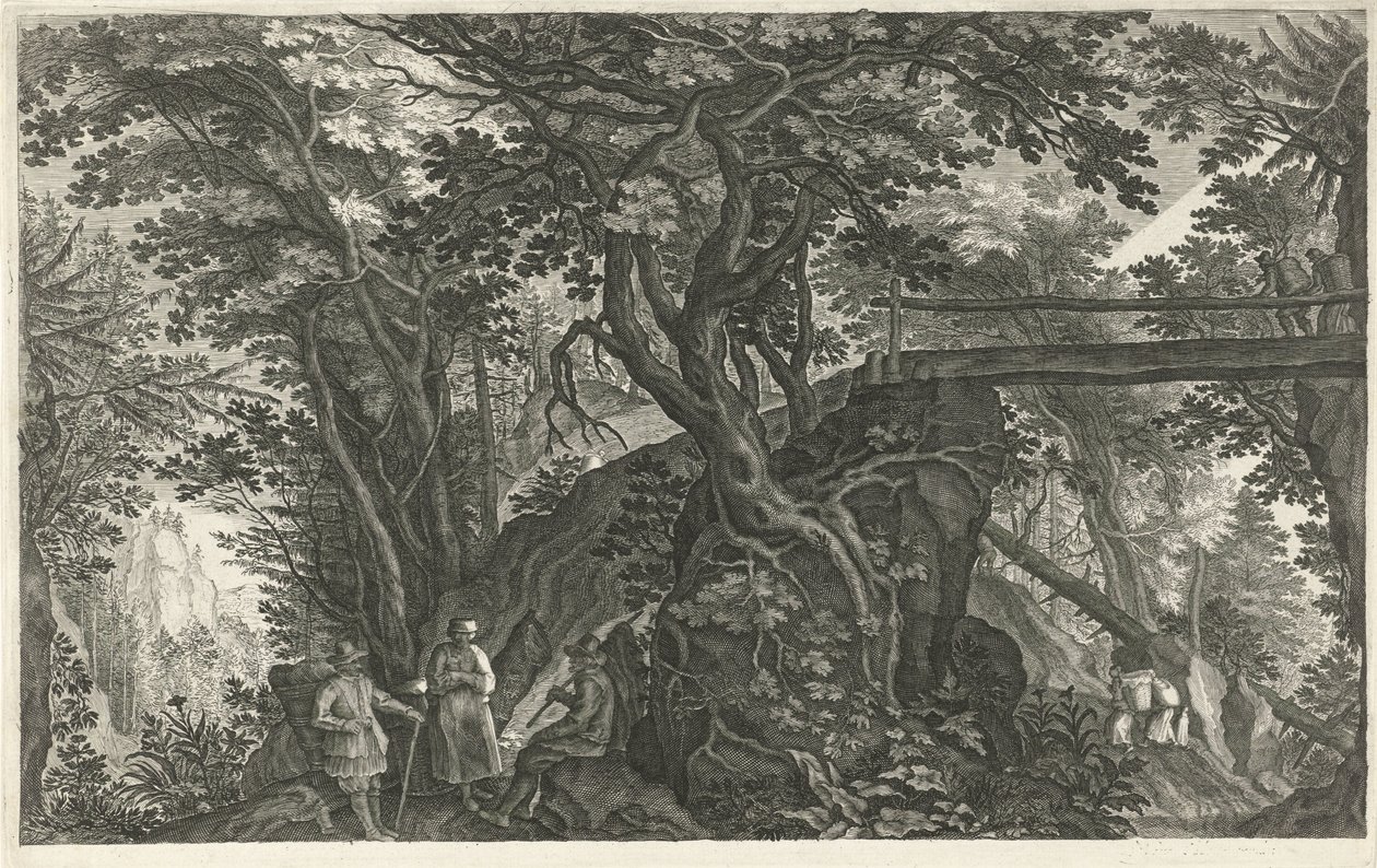 Paisaje de bosque con un puente. Ocho paisajes en Bohemia (título de la serie) de Egidius  Sadeler (II)