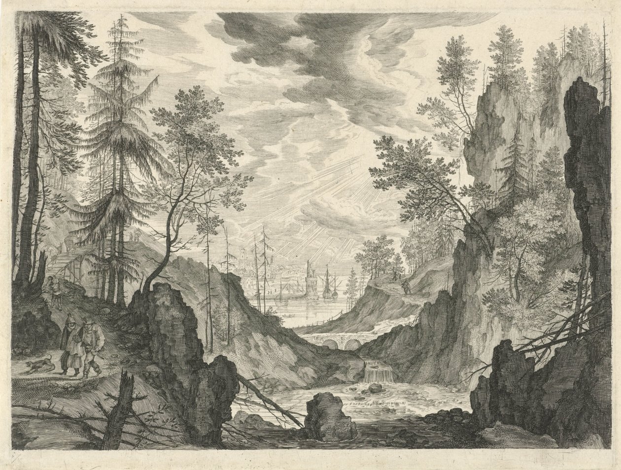 Paisaje de bosque con cascada Paisajes de montaña del Tirol (título de la serie) de Egidius  Sadeler (II)