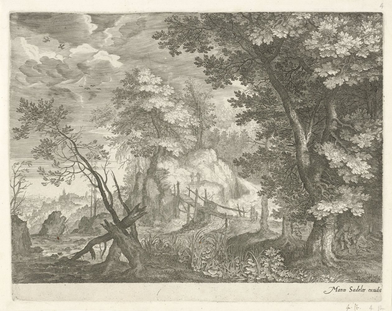 Paisaje forestal con puente de madera
Paisajes de montaña del Tirol (título de la serie) de Egidius  Sadeler (II)