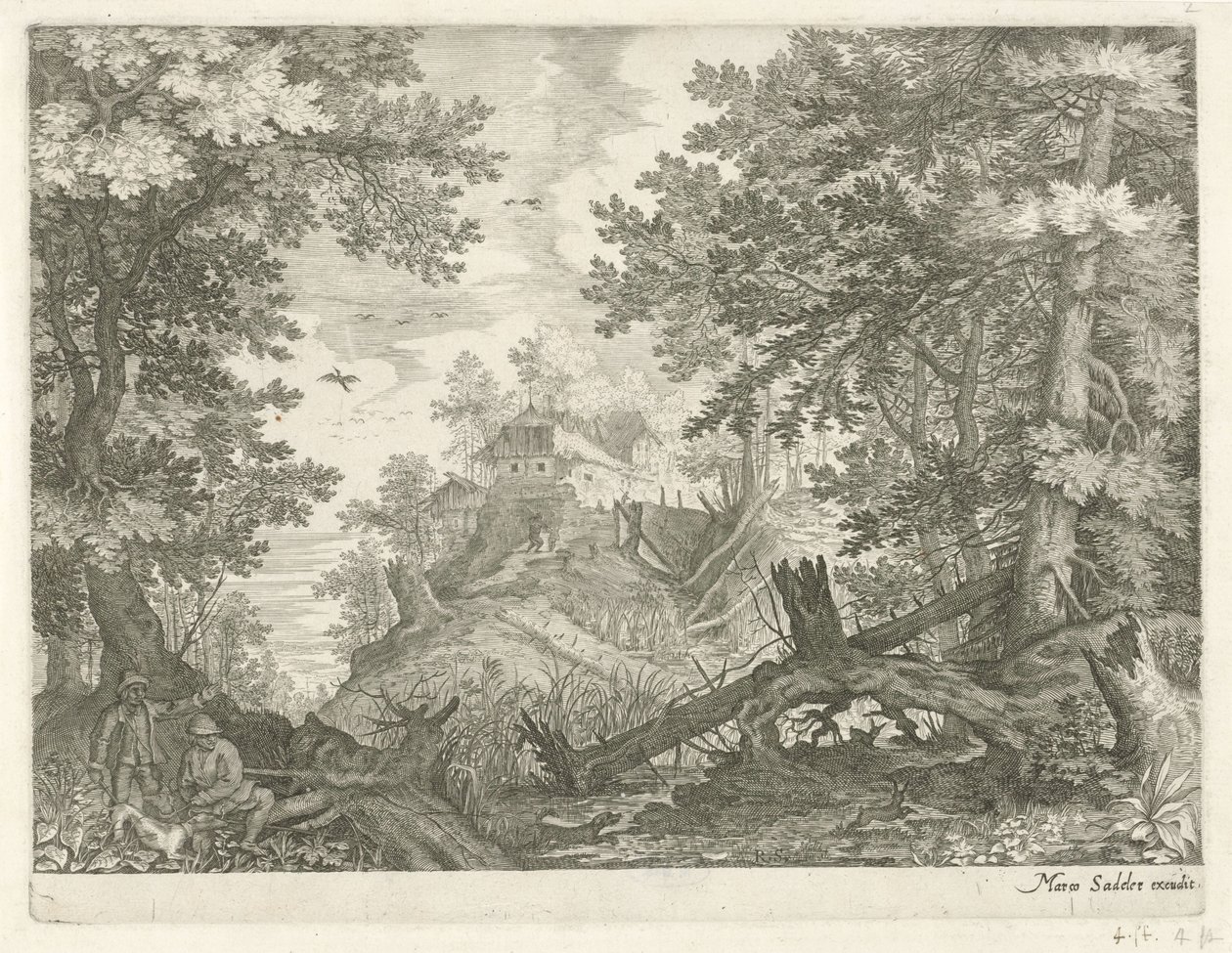 Paisaje forestal con dos cazadores y un perro. Paisajes de montaña del Tirol (título de la serie) de Egidius  Sadeler (II)