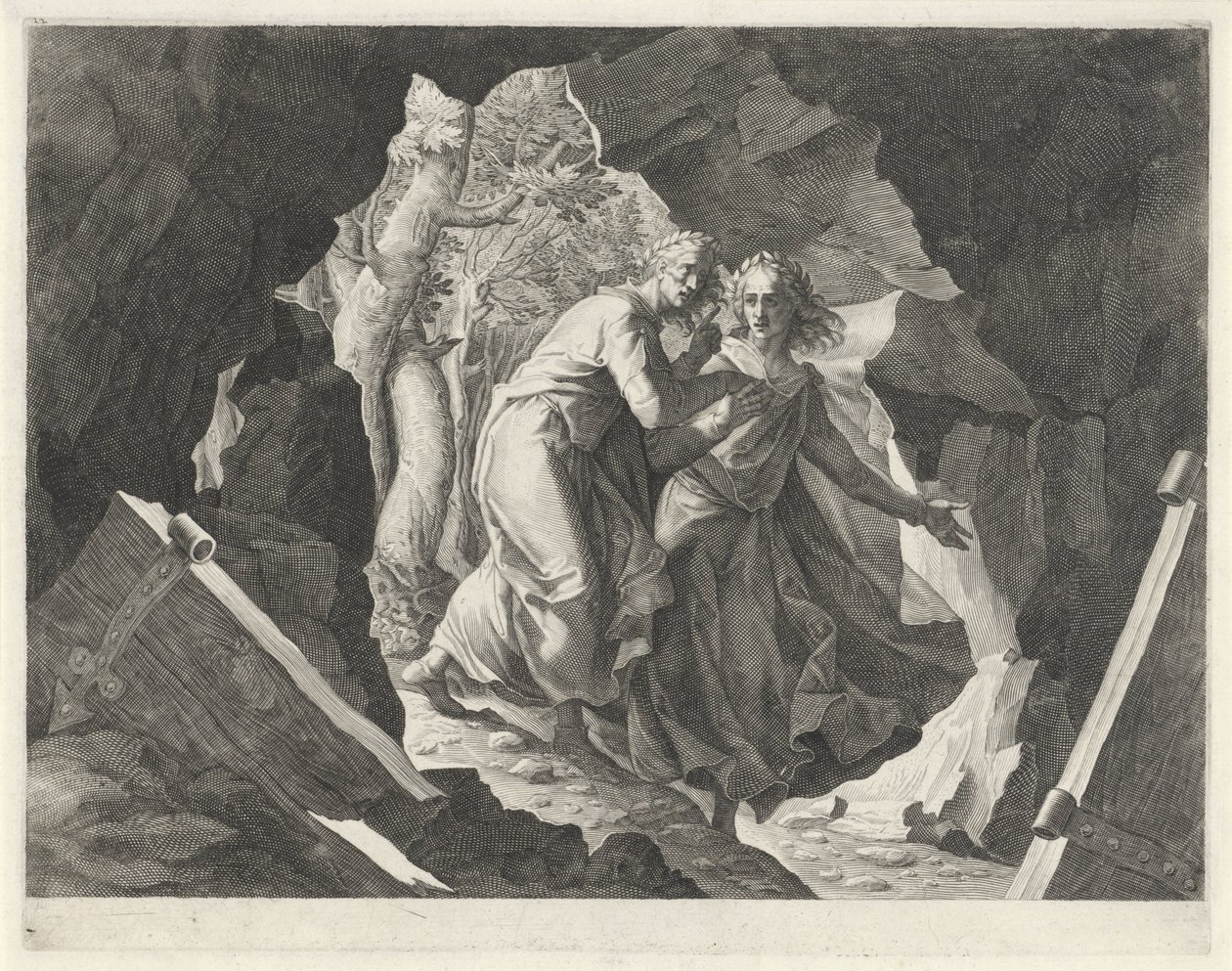 Dante y Virgilio entran al infierno por una puerta de Egidius  Sadeler (II)